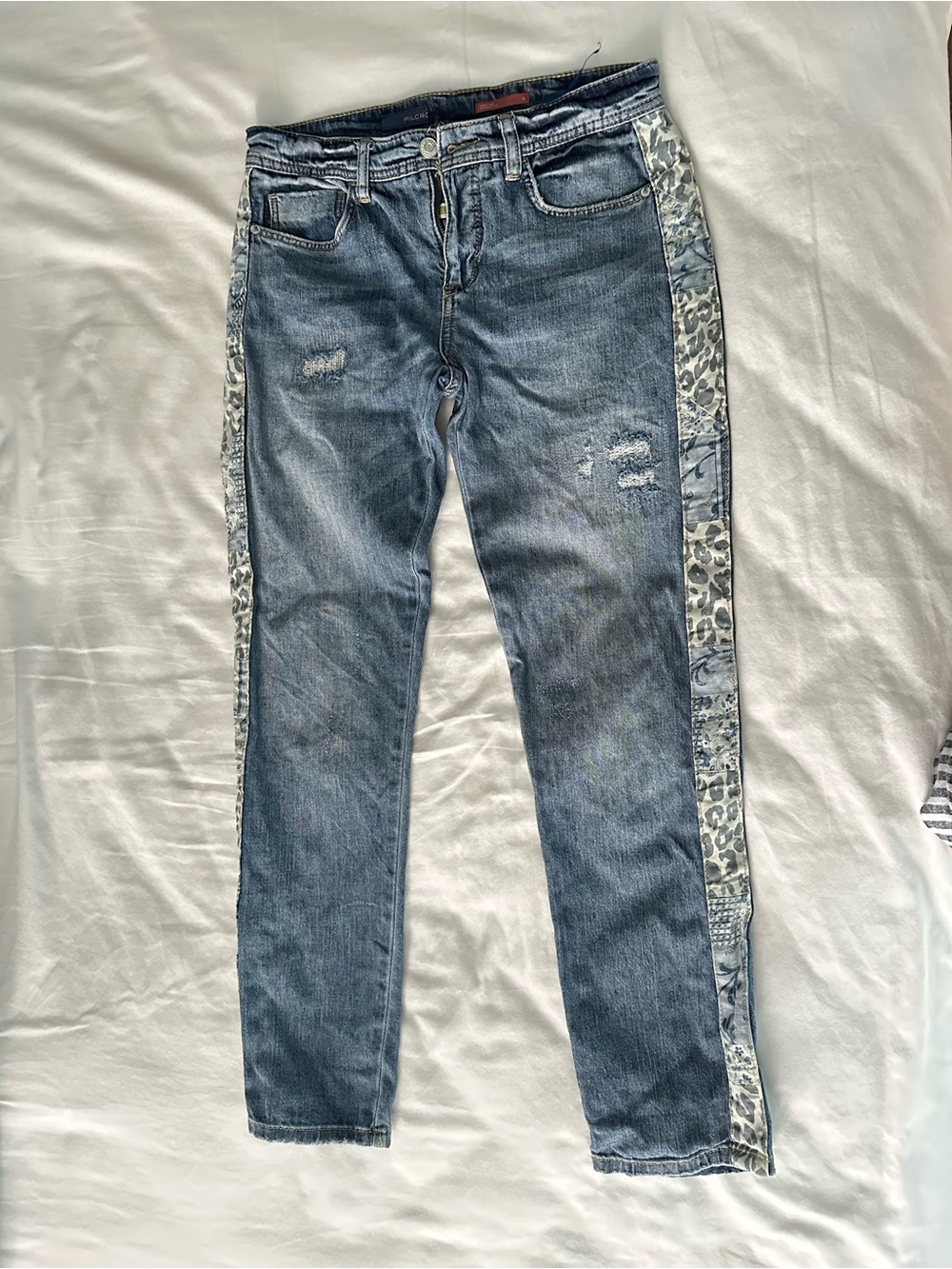Pilcro Distressed Jeans in Blue with Leopard-Print Side Panels